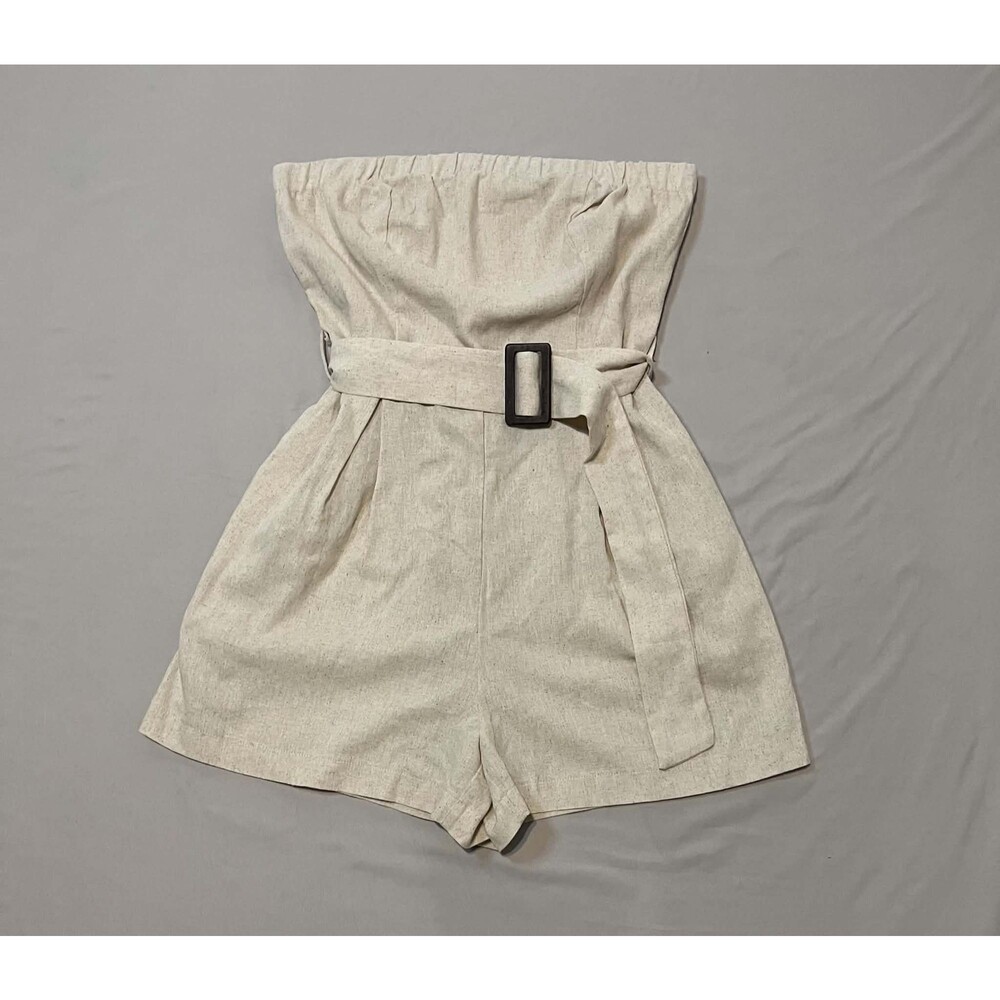 NWT Monteau Strapless Linen-Blend Belted Romper in Cream / Beige Size M